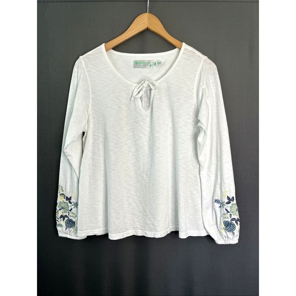 Aventura Embroidered Boho Peasant Top Large White Pastel Floral Cottage Fairy